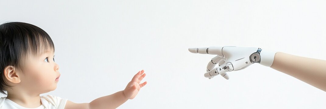 Futuristic Interaction: Cyborg Finger Touching Asian Toddler's Finger, AI and Humanity Connection with White Background and Copy Space