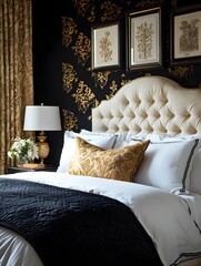A glamorous bedroom with a black-and-gold palette and an oversized upholstered headboard.