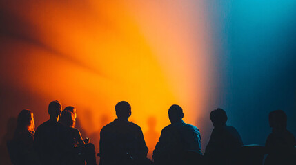 Fototapeta premium A group of people engaged in discussion with a glowing orange and blue background