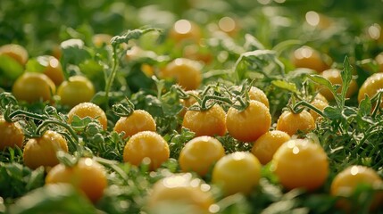 Ripe yellow cherry tomatoes growing in a field at sunset, for food packaging
