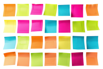 A vibrant array of sticky notes organized in various colors creating a lively backdrop for brainstorming sessions and creative ideas isolated on transparent background