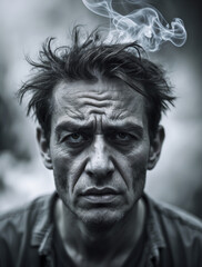 Fototapeta premium The person's head is smoking from various problems and thoughts
