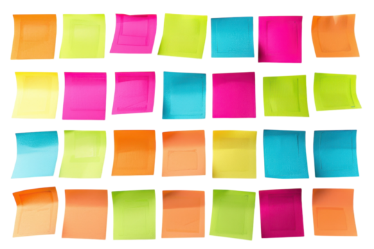 A vibrant array of sticky notes organized in various colors creating a lively backdrop for brainstorming sessions and creative ideas isolated on transparent background