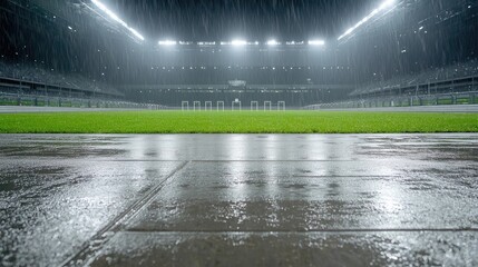 Rainy night soccer field, stadium lights, wet ground, game preparation