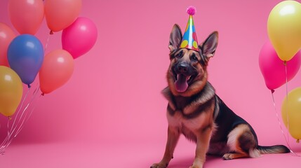 A German Shepherd wearing a colorful party hat, celebrating a birthday with balloons around, sitting on a pink background