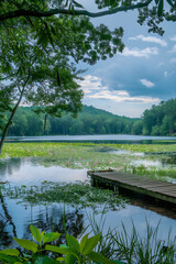 Fototapeta premium Serene Tranquility: Captivating Scenery of an NC State Park with Pristine Waters, Verdant Vegetation and Wilderness Dock