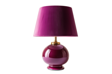 A vibrant purple lamp with a glossy porcelain base and a silk shade bringing elegance to a modern living space during the evening hours isolated on transparent background