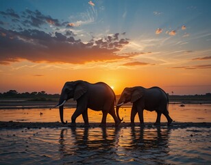 Fototapeta premium elephants at sunset