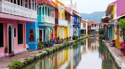 Obraz premium Scenic Canal with Colorful Buildings and Reflections