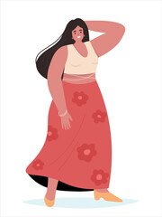 Beautiful young woman in light summer clothes with long hair in full length. Vector flat graphics.