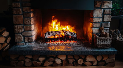 Obraz premium Cozy Brick Fireplace with Burning Wood and Stacked Logs