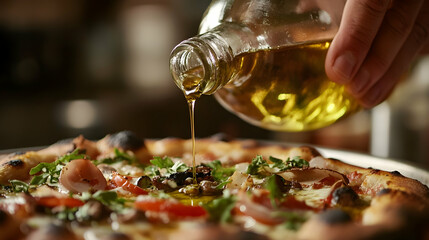 Fototapeta premium Fresh Pizza with Assorted Toppings and a Drizzle of Olive Oil