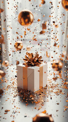 A beautifully wrapped gift box with a golden ribbon surrounded by sparkling confetti and ornaments, creating a festive celebration scene.
