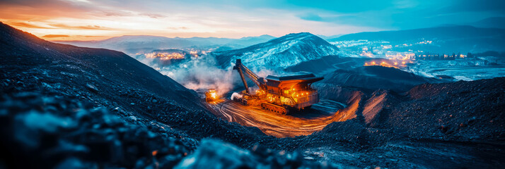 Coal Mining Operation at Dusk: Heavy Machinery in a Mountainous Landscape