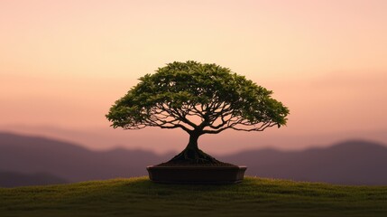 A serene bonsai tree silhouetted against a soft sunset, symbolizing tranquility and nature's beauty.