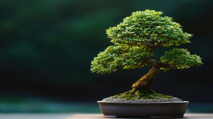 A small, meticulously shaped bonsai tree in a pot, showcasing vibrant green foliage against a blurred background.