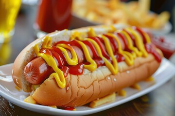 Tasty hot dog with ketchup and mustard, lying on a white plate with french fries, accompanied by drinks