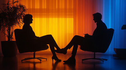 silhouettes of a man and woman conversing in a modern setting with warm orange and cool blue lighting  
