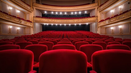 A grand theater interior featuring plush red seats and ornate decor, creating an inviting atmosphere for performances.