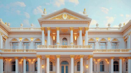 Obraz premium A grand, opulent palace with ornate golden architecture, large columns, and a serene sky backdrop, embodying luxury and elegance.