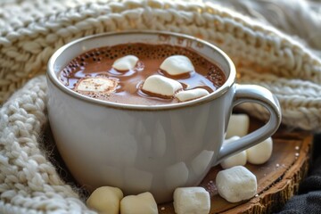Steaming mug of hot chocolate with marshmallows sits on a wooden coaster, nestled in a warm, cozy knitted blanket, perfect for a chilly day