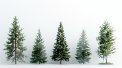 Five evergreen trees in fog, white background, nature scene,  website design