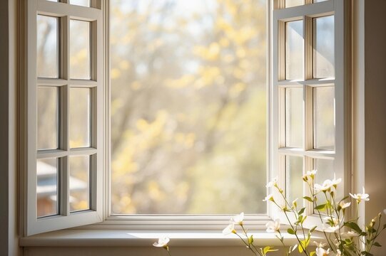 a white opened window with an outdoor view and a bouquet of white flowers