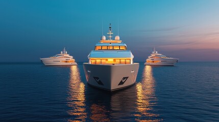 Fototapeta premium A stunning sunset scene featuring luxurious yachts illuminated on calm waters, creating a serene and opulent atmosphere.