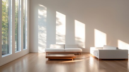 Fototapeta premium A minimalistic interior featuring modern furniture, abundant natural light, and large windows casting soft shadows on wooden flooring.