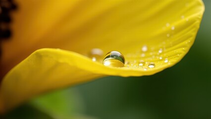 Macro photography of yellow flower petals with dew drops in sunlight	