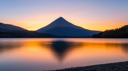 A serene sunset over a calm lake with a striking mountain silhouette, reflecting vibrant colors on the water's surface.