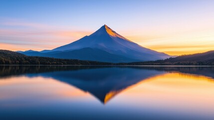 Fototapeta premium A stunning sunrise reflects off a serene lake, showcasing a majestic mountain peak under a clear sky, creating a tranquil and picturesque landscape.