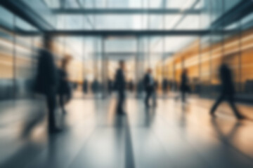 A Blurry Photograph Of Businesspeople Walking In An Office Building With Glass Walls And Modern Architecture Motion Blur Creating Energy And Dynamism Conveying Innovation Generative Ai
