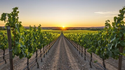 A serene vineyard landscape at sunset, showcasing rows of grapevines leading toward a golden horizon.