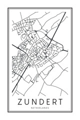 Printable downtown road map poster of the Dutch city of ZUNDERT on solid white background with city name