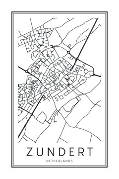 Printable downtown road map poster of the Dutch city of ZUNDERT on solid white background with city name
