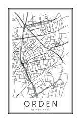 Printable downtown road map poster of the Dutch city of ORDEN on solid white background with city name