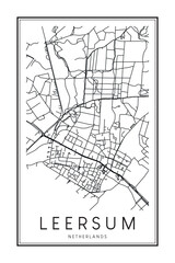 Printable downtown road map poster of the Dutch city of LEERSUM on solid white background with city name
