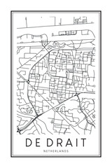 Printable downtown road map poster of the Dutch city of DE DRAIT on solid white background with city name