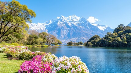 Spring lake, mountain view, flowers, sunny day, postcard