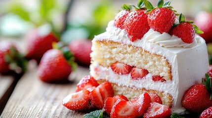 Delicious strawberry shortcake slice, wooden table, summer background, food photography