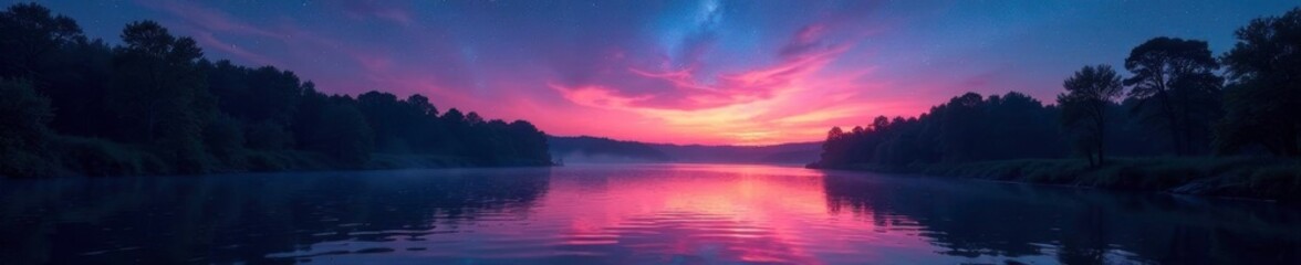 Naklejka premium Shimmering river waters illuminated by star trails above Chusovaya River in the evening landscape, Reflections, Star Trails, Aurora Borealis