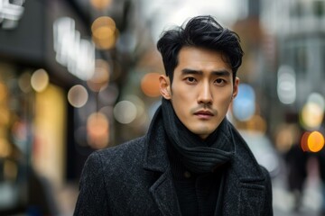 Fototapeta premium Portrait of a confident businessman wearing a winter coat and scarf in an urban setting