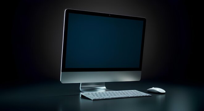  Modern computer, monitor with keyboard and mouse on illuminated outline of dark gradient background. Design for advertising, template, mocap. 