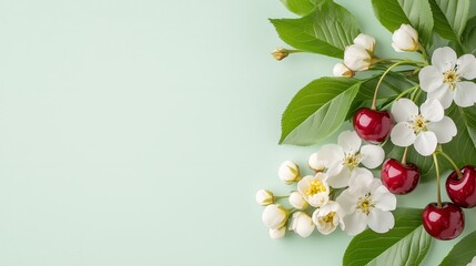 Fototapeta premium Cherries and blossoms with fresh green leaves on soft mint background