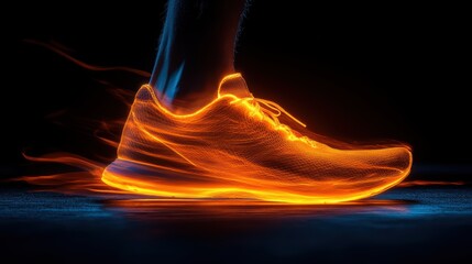Ignite Your Potential, A powerful and abstract image of a running shoe ablaze with flames  representing the energy and drive that fuels the pursuit of fitness.