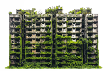 Urban decay transformed by nature in a derelict apartment complex overrun with greenery