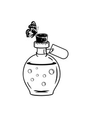 Outlined bottle with a tag and butterfly