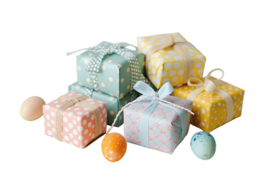 Colorful polka dot gift boxes arranged creatively with decorative ribbons and Easter eggs on a light background isolated on transparent background