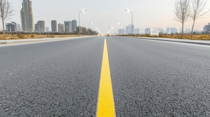 Fototapeta premium Empty city road at dawn, skyscrapers background, urban landscape, transportation
